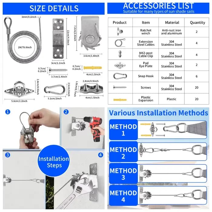 47/60/72Pcs Shade Sail Hardware Kit Wire Rope Anti-Rust Stainless Steel Sun Shade Hardware Kit for T