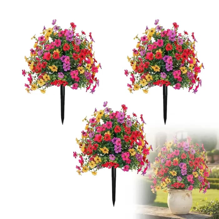Petunias artificiels avec piquet de fixation pour l'extérieur, fausses fleurs pour jardin, cour, jardinière et véranda, pour la décoration intérieure et extérieure de la maison