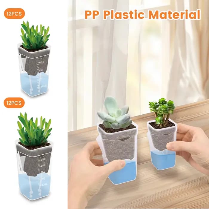 Lot de 12 pots auto-arrosants transparents en plastique double couche avec trous de drainage et corde en coton pour petites plantes de pépinière