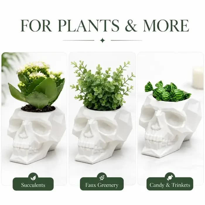 Pot de fleurs en forme de crâne, pot de fleurs gothique en polygone bas pour plantes succulentes, décoration intérieure pour étagère de bureau, cadeau de décoration pour Halloween.