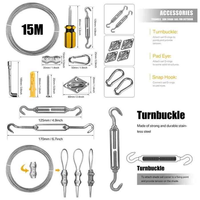 47/60/72Pcs Shade Sail Hardware Kit Wire Rope Anti-Rust Stainless Steel Sun Shade Hardware Kit for T