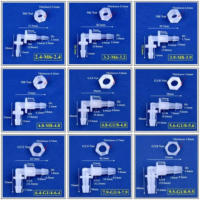 Connecteurs coudés pagode PP M6 ~ G1/2 à 2.4-11.1mm, 5 à 200 pièces, Joints de tuyau de pompe à Air