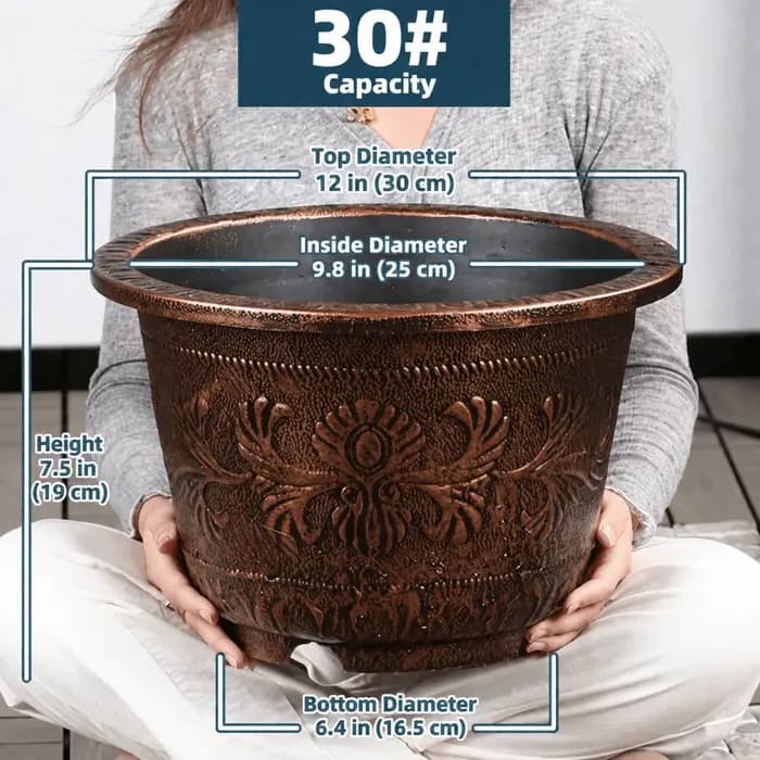 Pot de fleurs en résine Lotus, grande capacité 7,5 L, réservoir d'eau, hauteur 19 cm, pot de fleurs rétro en cuivre bronze, jardinage à domicile