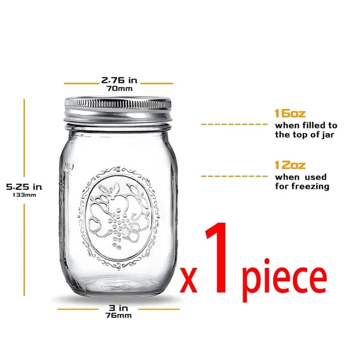 Bocaux Mason à bouche régulière de 16 oz – Bocaux de conserve en verre mesurés avec couvercles hermétiques pour le stockage, les conserves et l'avoine de nuit