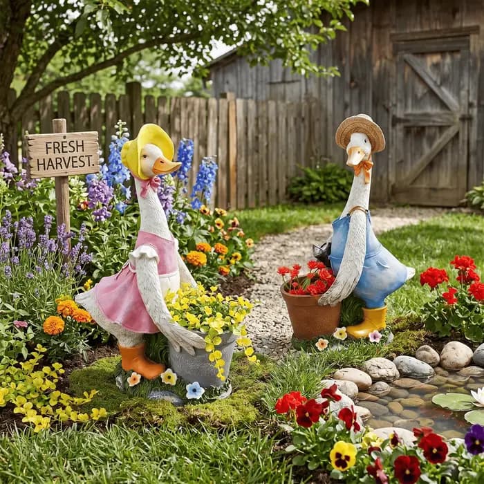 Statue de canard de jardin en résine avec jardinière ; Ornement