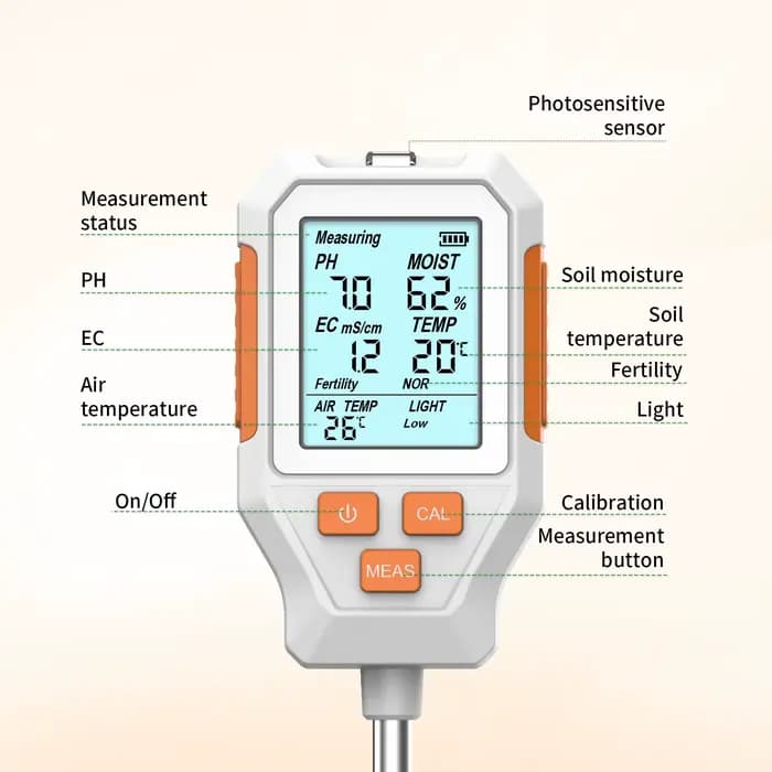 Nouveau testeur numérique de sol LCD 7 en 1 pour jardin : PH/EC/Température/Humidité/Température de l'air/Fertilité/Luminosité