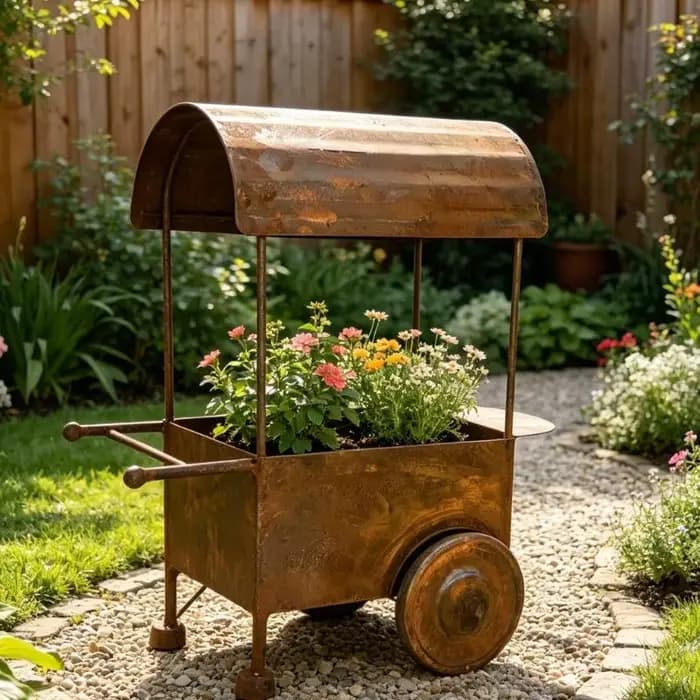 Petit conteneur jardinière en brouette rouillé