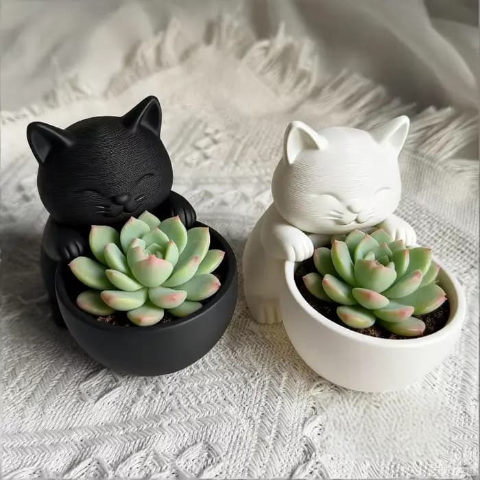 Pot en forme de chat avec trous de drainage - Design unique pour les succulentes