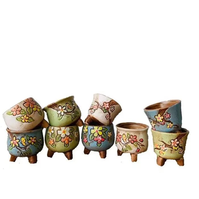 Pot de fleur charnu en céramique peint à la main, pot à pouce frais, poterie grossière, pot perméabl