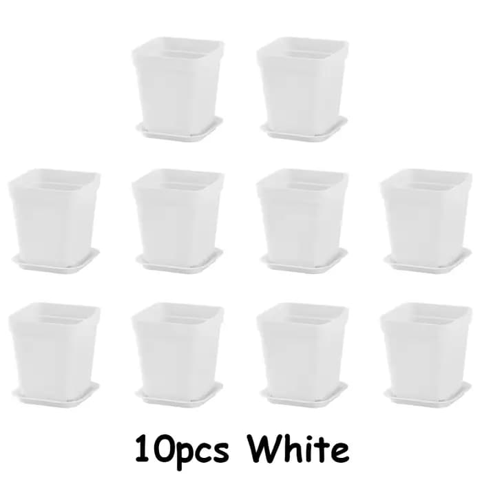 10 pots de plantes carrés en plastique blanc de 7 cm avec plateaux de drainage - Idéal pour les plan
