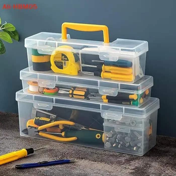Boîte à outils transparente portable (HB05) grande capacité, en plastique épais, avec poignée, pour le rangement d'outils et de matériel.