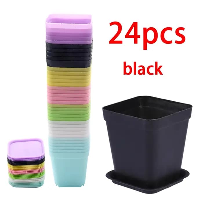 Lot de 6/12/24 pots de fleurs carrés noirs avec plateau