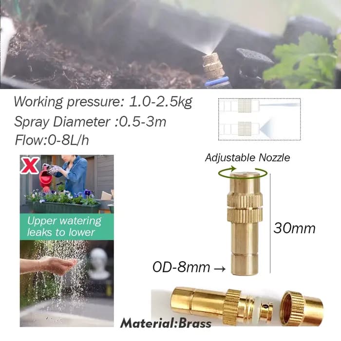 Kit d'atomiseur à buse en laiton réglable pour jardin extérieur 30-5M, tuyau de 5/8mm, nébulisation,