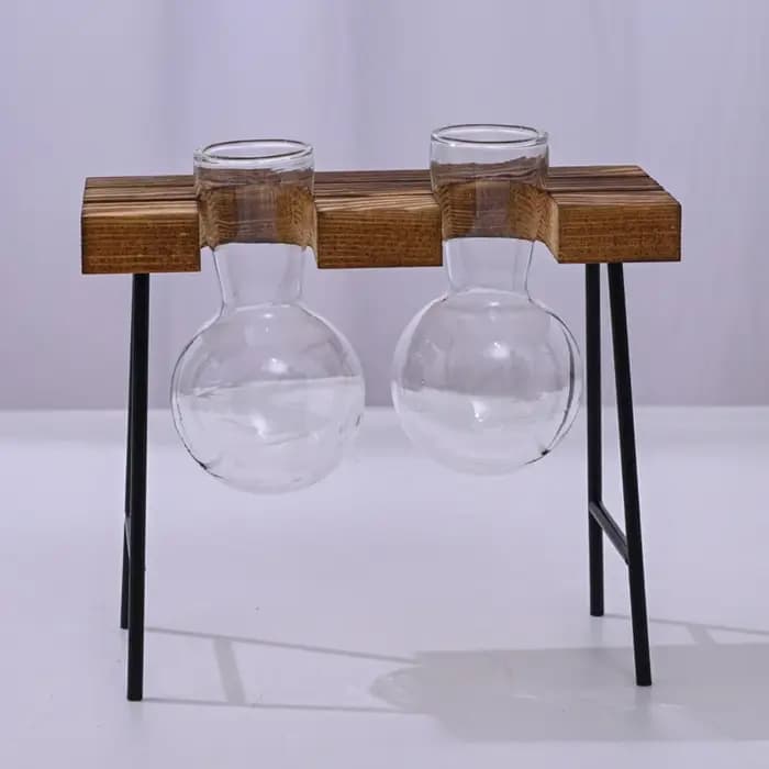 Jardinière hydroponique à cadre en bois avec bulbe en verre