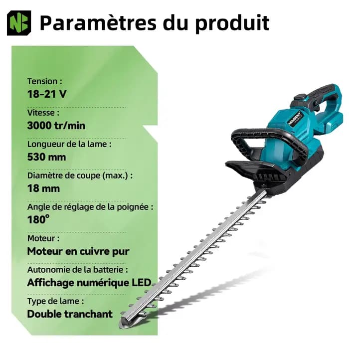 NEWBENY 530MM 3000 tr/min taille-haie électrique 180 ° Outil de jardin de sécateur de haie de tondeuse à gazon d'angle