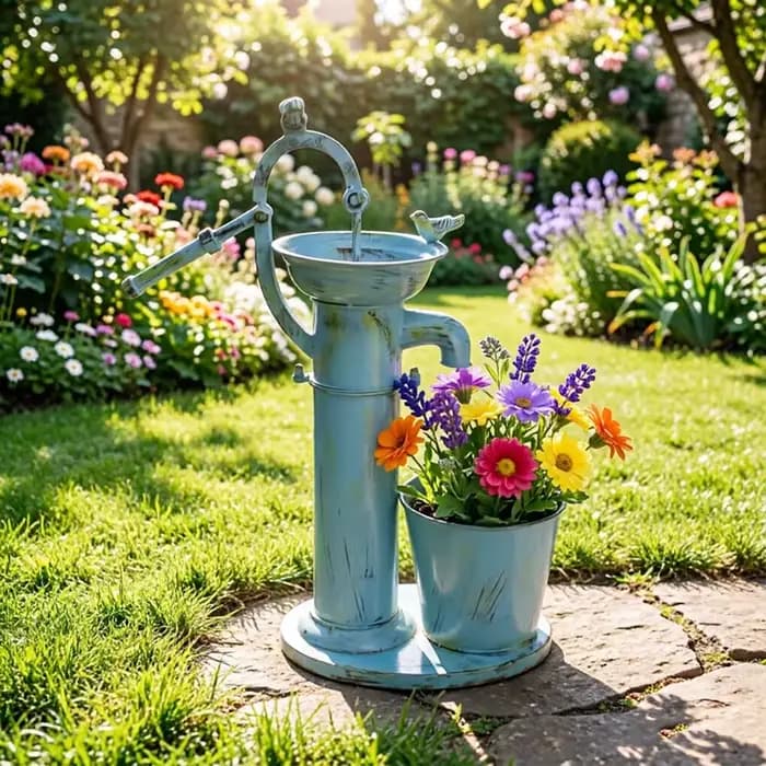Support de pot de fleurs rétro en fer forgé avec pompe à eau oscillante