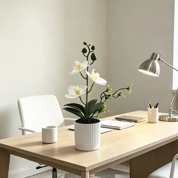 Pot en terre cuite noir avec trois orchidées papillon tactiles