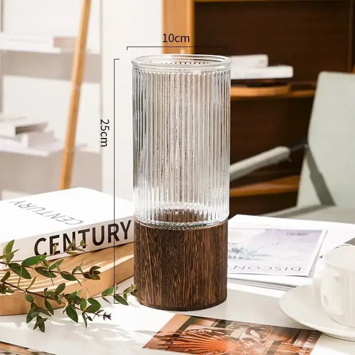 Vase en verre élégant avec base en bois pour plantes hydroponiques