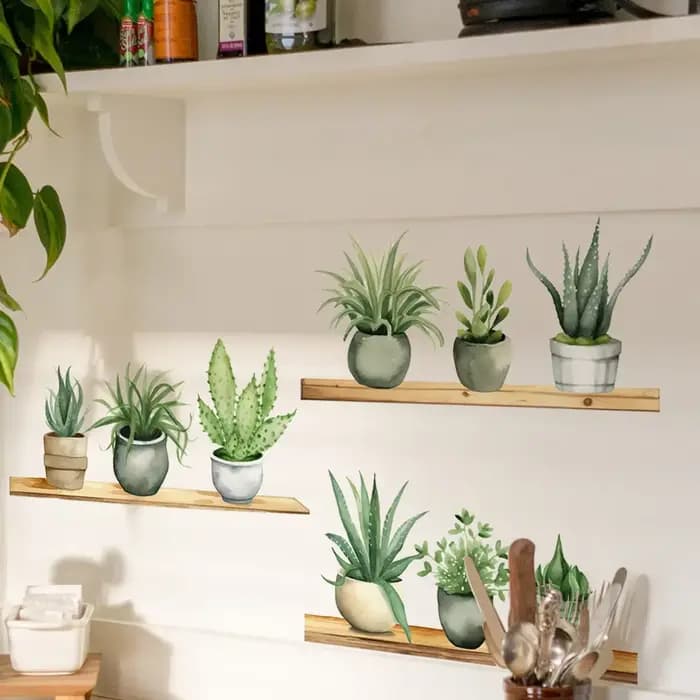 Autocollants d'étagère de plantes en pot vert frais