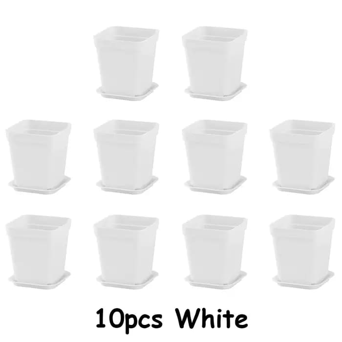 10 pots de plantes carrés en plastique blanc de 7 cm avec plateaux de drainage - Idéal