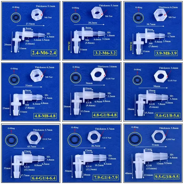 Connecteurs coudés pagode en PP M6 ~ G1/2 à 2.4-11.1mm, avec écrou, joint torique, réservoir d'aquar