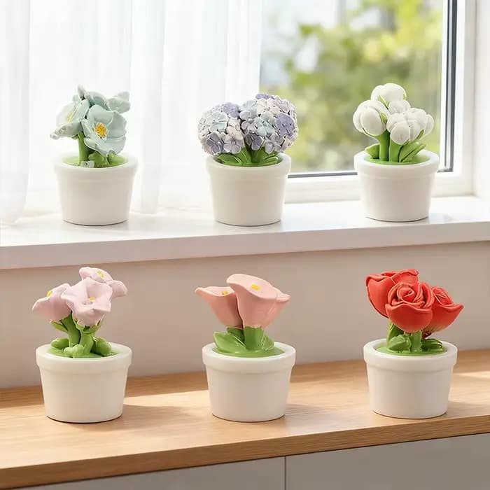 5 pièces de fleurs miniatures réalistes en résine (rose et tulipe) en pot