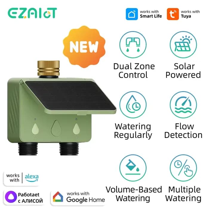 Programmateur d'arrosage intelligent Tuya WiFi 2 zones, contrôleur d'irrigation de jardin à énergie