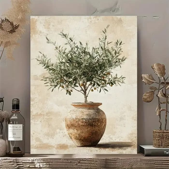 Toile d'olivier chic dans un vase – Décoration murale imperméable sans cadre pour salon