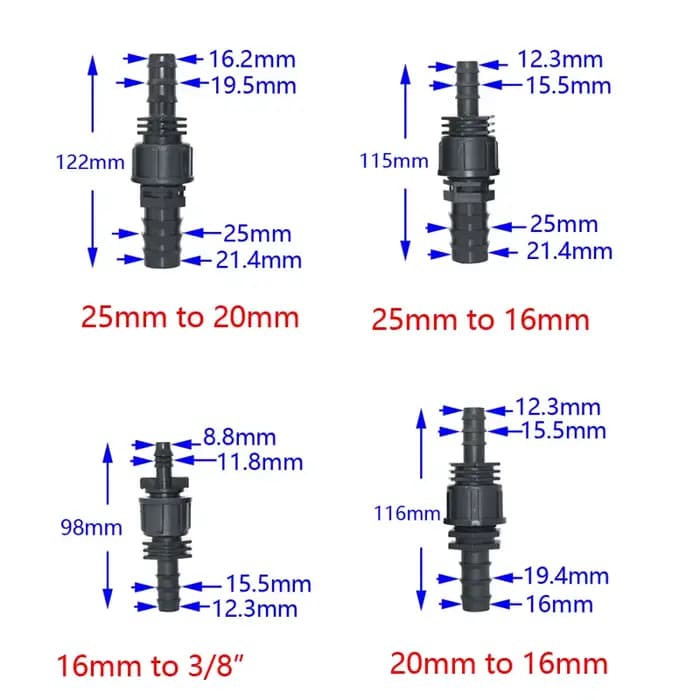 Tuyau d'arrosage 25mm à 16mm à 20mm, connecteur à barbe réducteur 1 "à 1/2 à 3/4 PE, connecteur de t