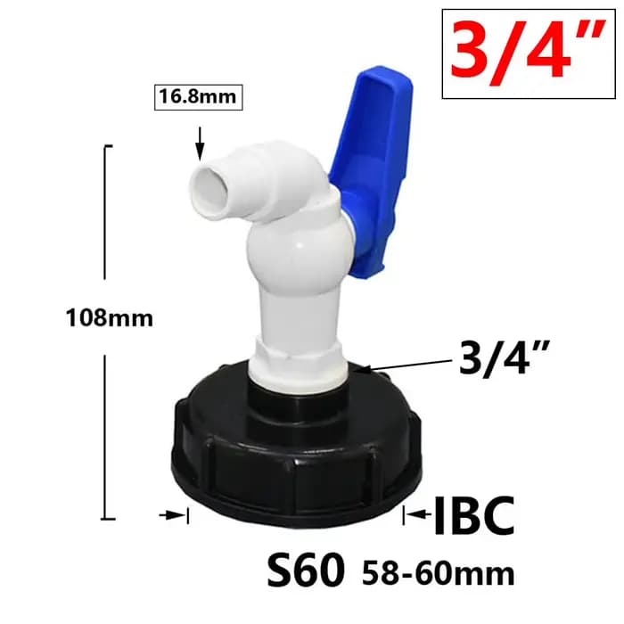 Adaptateur de réservoir IBC à filetage femelle S60, robinet en plastique à filetage 1/2 3/4 ", conne
