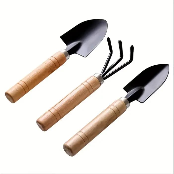 Ensemble de jardinage miniature en trois pièces avec manche en bois et râteau à trois dents, ensembl