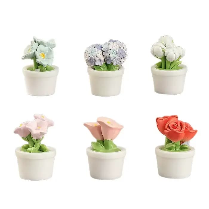 5 pièces de fleurs miniatures réalistes en résine (rose et tulipe) en pot