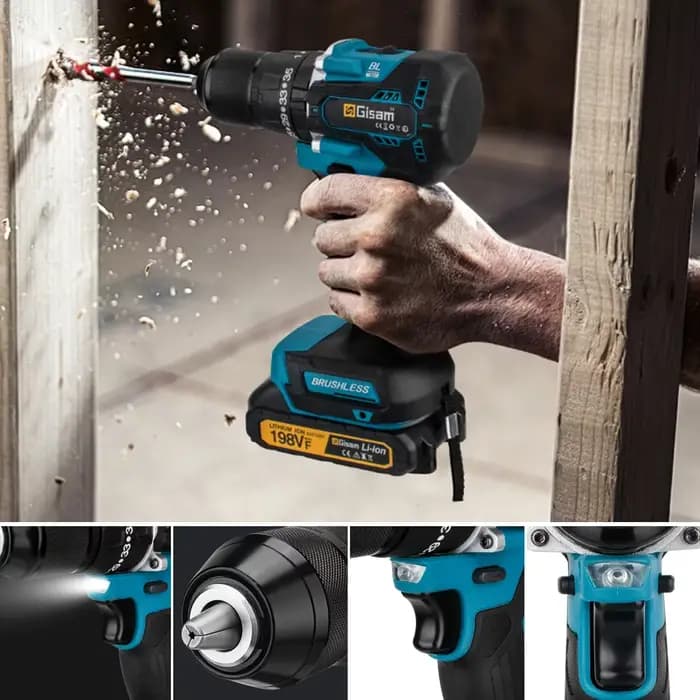 Perceuse à percussion électrique sans fil Gisam 13 mm 35+3 Torque Brushless, visseuse électrique, ou