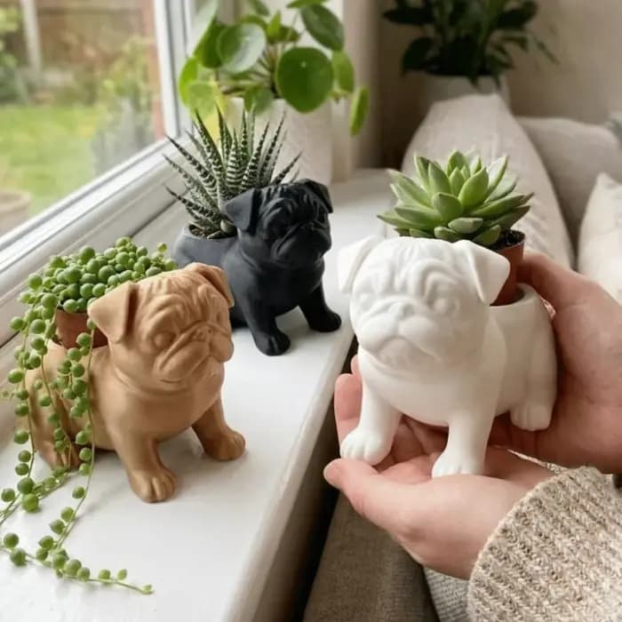 Pot de fleurs en forme de pug imprimé en 3D, pot amusant et minimaliste en forme d'animal, figurine de pug en plastique faite à la main, support de plante, décoration de bureau