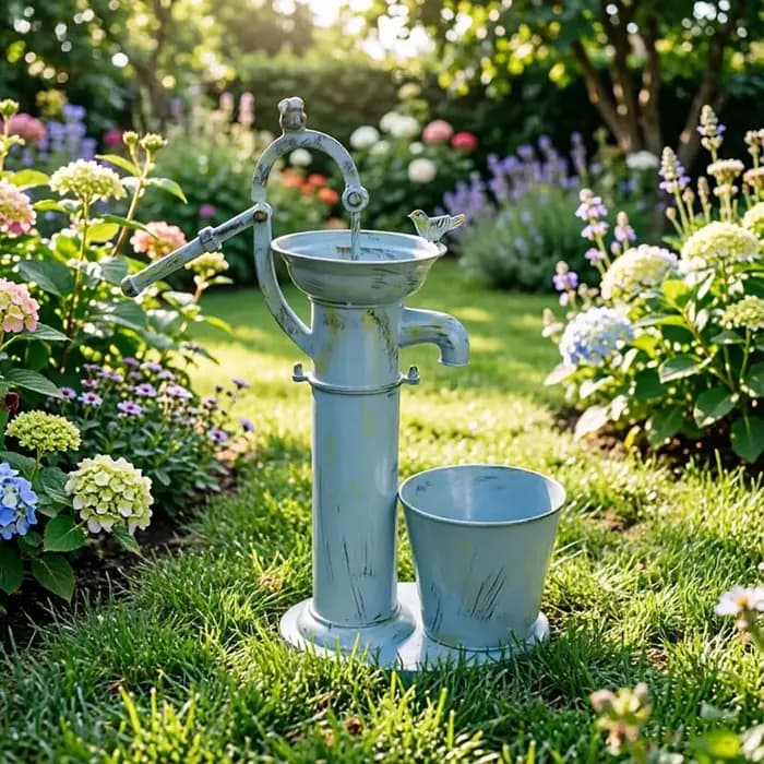 Support de pot de fleurs rétro en fer forgé avec pompe à eau oscillante