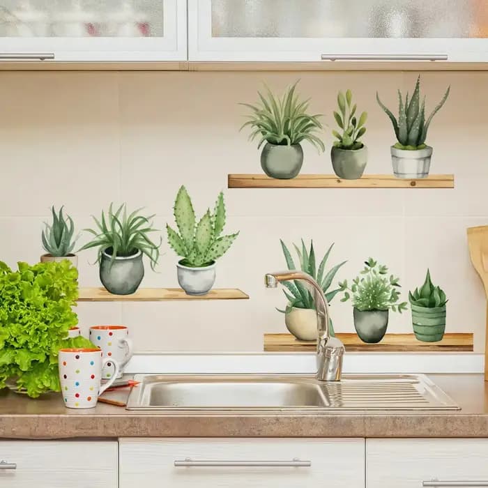 Autocollants d'étagère de plantes en pot vert frais