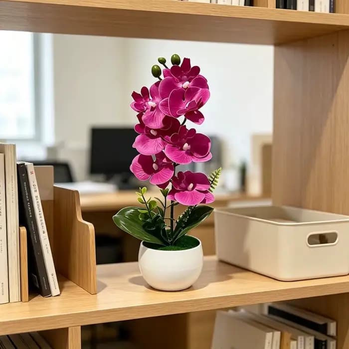 Pot de fleurs artificielles à 7 têtes d'orchidées, avec pot blanc, fleurs roses simulées, orchidée papillon en plastique, multi-fleurs