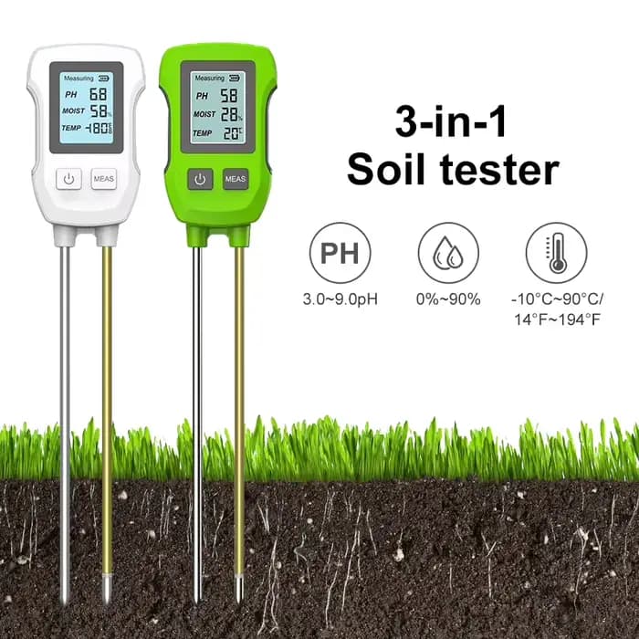 Testeur de sol LCD vert 3 en 1, PH/humidité/température, capteur métallique résistant à la chaleur,