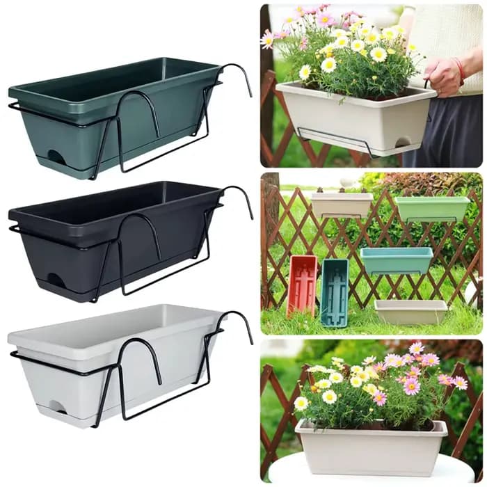 1 ensemble de plantes de balcon, jardinière de fleurs de légumes avec plateau et support, jardin en plastique, Simple, rectangulaire, suspendu, Long Pot de fleurs