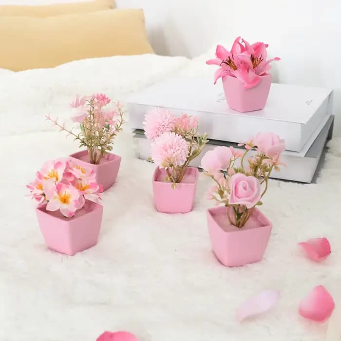 5 pièces, Mini plante en pot de fleurs artificielles roses