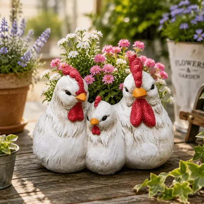 Décoration de jardin en résine : Famille de poulets amusants