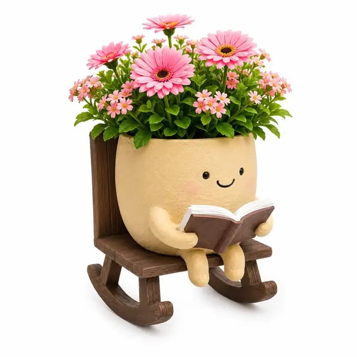1PC Pot de fleurs en résine « Lecteur Souriant », Joli pot pour les amateurs de livres avec trou de