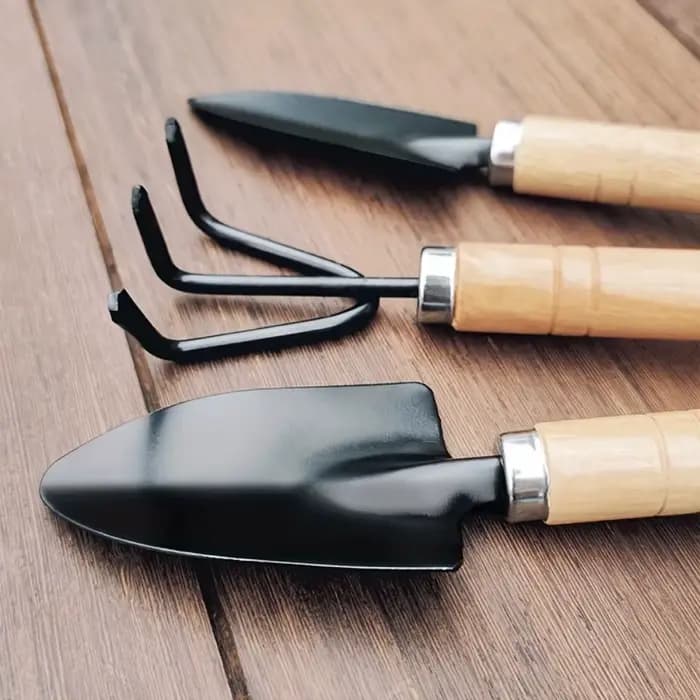 Ensemble de jardinage miniature en trois pièces avec manche en bois et râteau