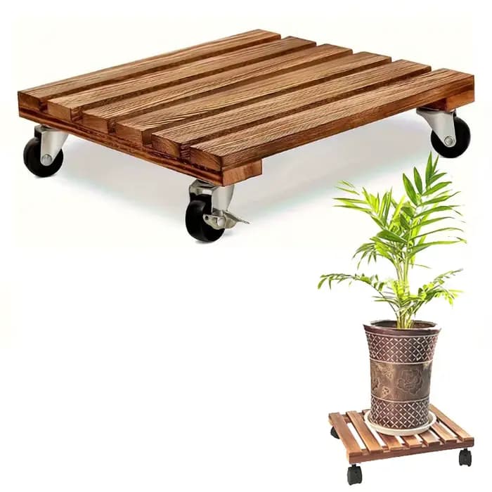 Plateau carré en bois pour pot de fleurs avec roulettes lisses