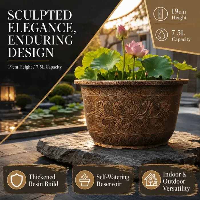 Pot de fleurs en résine Lotus, grande capacité 7,5 L, réservoir d'eau, hauteur 19 cm, pot de fleurs rétro en cuivre bronze, jardinage à domicile