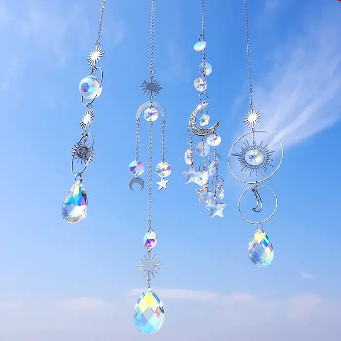 Attrape-soleil argenté en cristal, lune, Lotus, Chakra, décoration suspendue, attrape-soleil, fabric