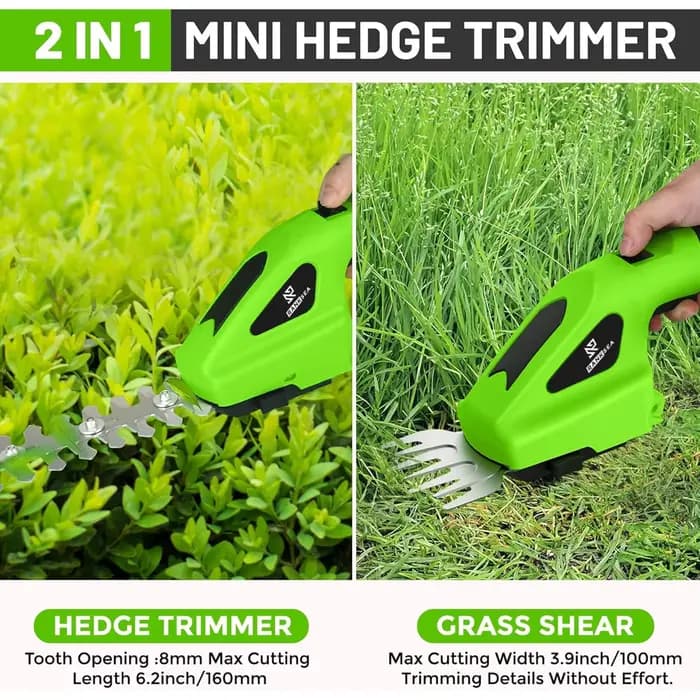 Taille-haie électrique sans fil 2-en-1 rechargeable, outil de jardinage portatif pour l'entretien des pelouses, des arbustes et le désherbage