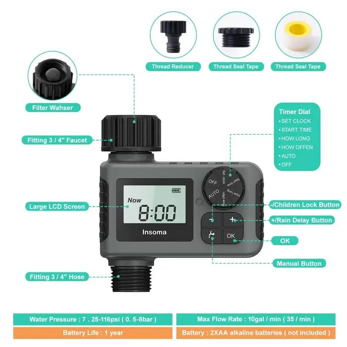 INSOMA-Minuterie d'eau automatique, système d'irrigation intelligent, minuterie d'arrosage, équipeme