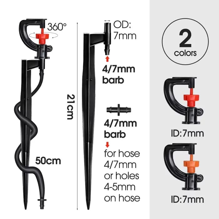 5 pièces 360 ° Micro pulvérisateur rotatif d'irrigation, avec piquet de 21cm, connecteur barbelé d