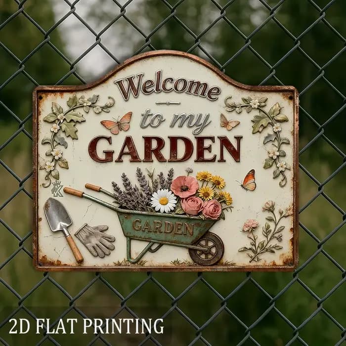 1 plaque en bois « Bienvenue dans mon jardin » – Décoration murale rustique avec motifs floraux colorés et outils de